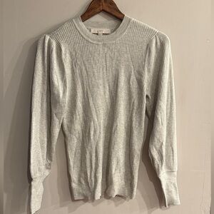 LOFT Women’s Light Gray Ribbed Shimmer Puff Sleeve Sweater Size M NEW